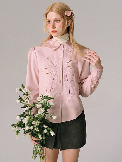 Bow Cut-out Embroidered Long-sleeved Shirt