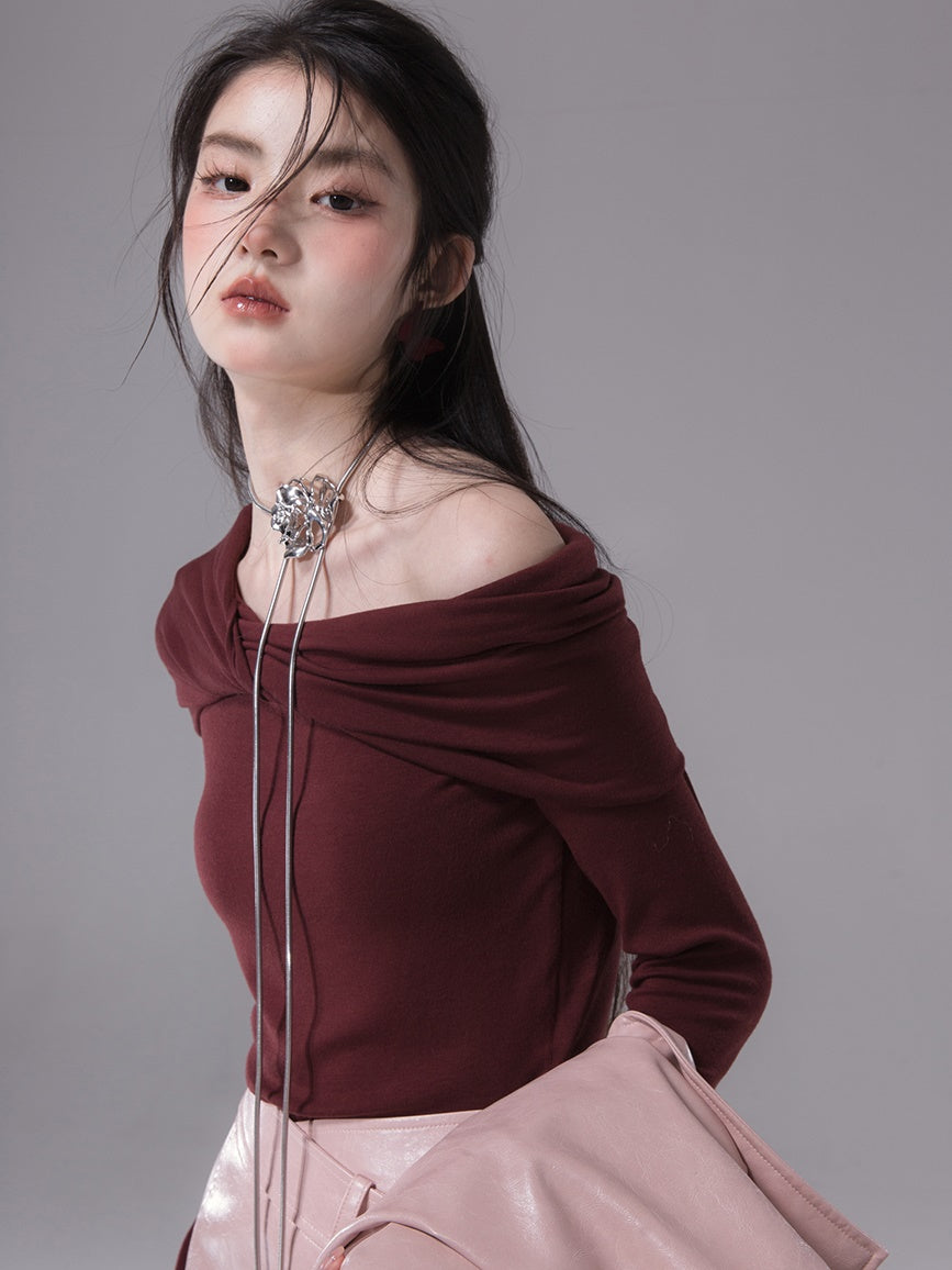 Slanted Shoulder Collar Twisted Sweater