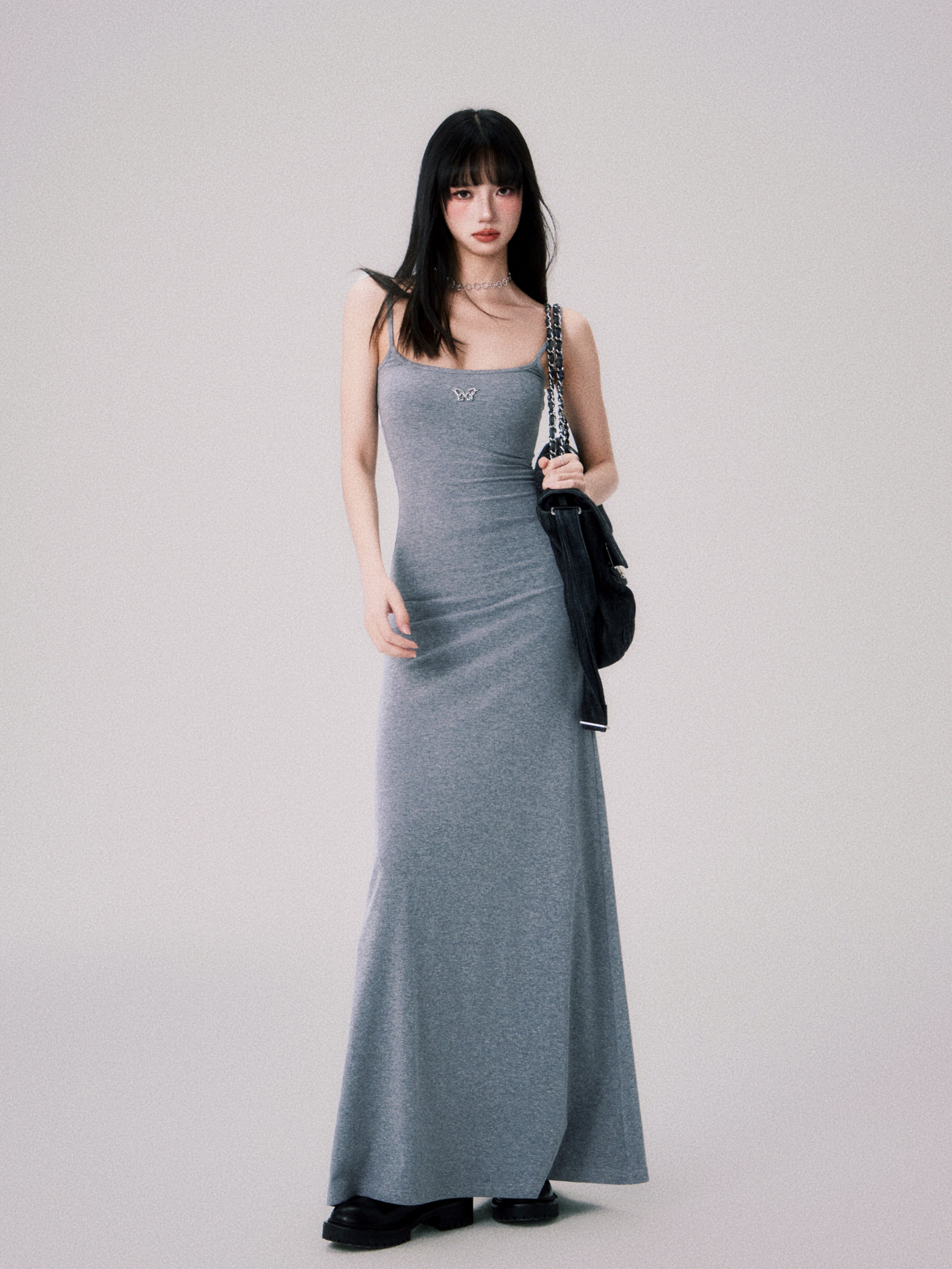 Square Neck Slim Suspender Long Dress