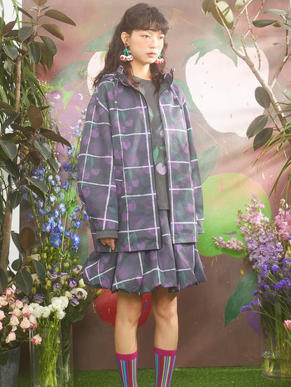 Gradient Cherry Plaid Printed Hooded Windbreaker Jacket &amp; Flower Bud Skirt