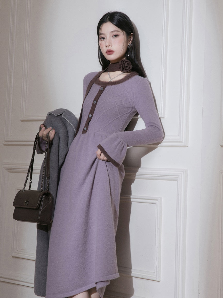 U-neck Diamond Check Knitted Dress