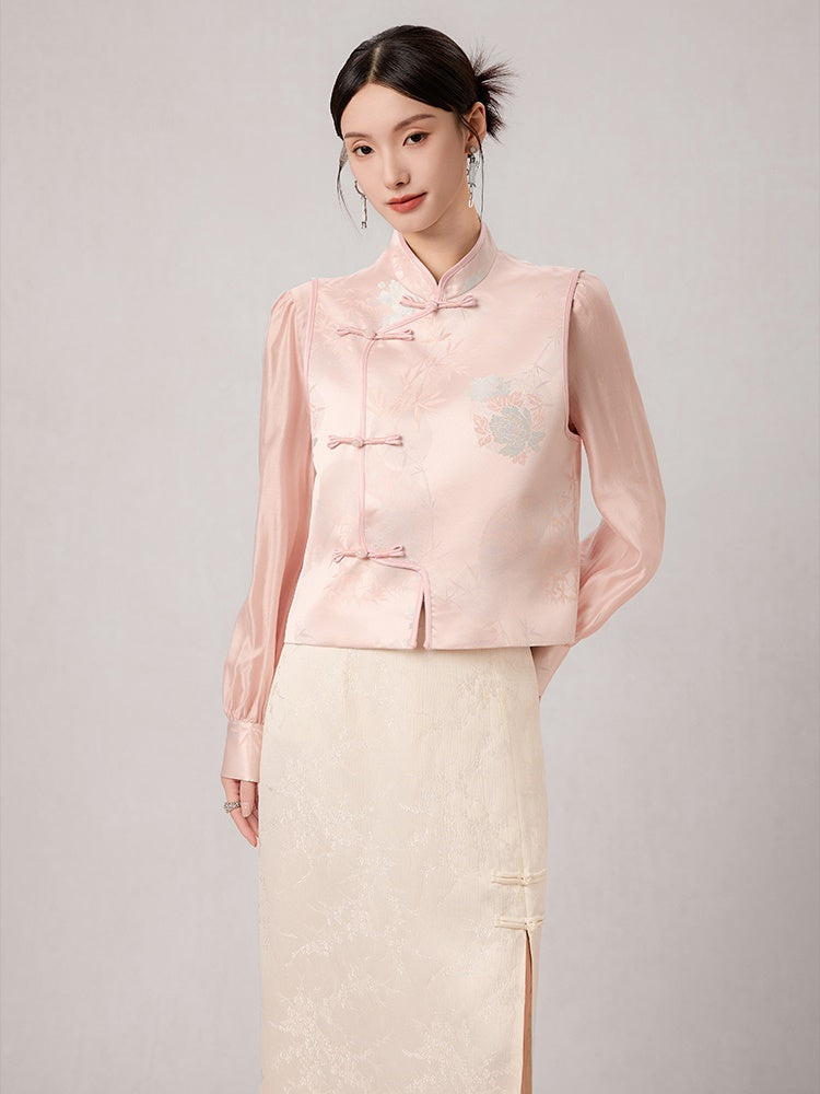 Chinese Style Jacquard Stand Collar Vest ＆ Sheer Top Set-up