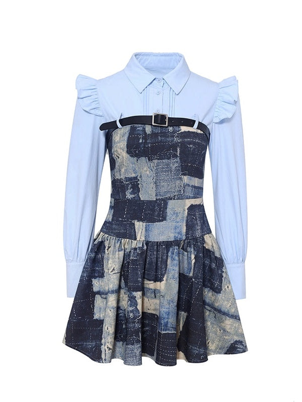 Denim Splicing Belt Design Shirt Dress