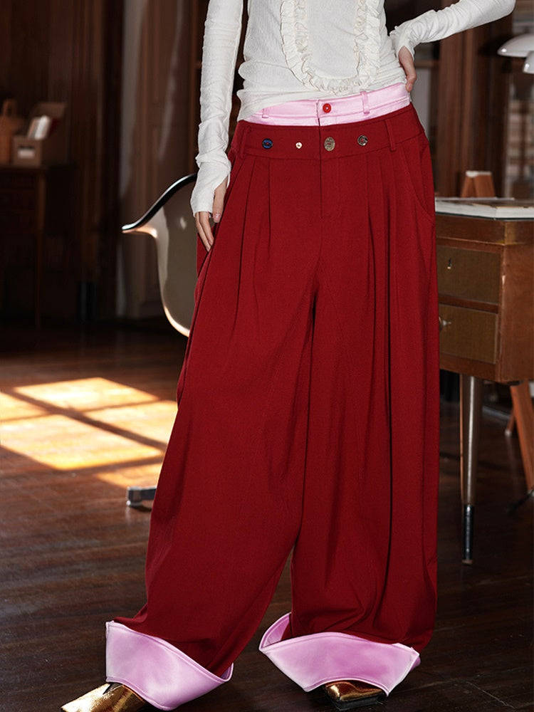 Contrast Color Loose Flap Wide Leg Pants