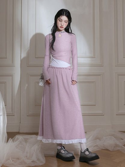 Layered Design Knitted Smocked Top ＆ Skirt Set-up