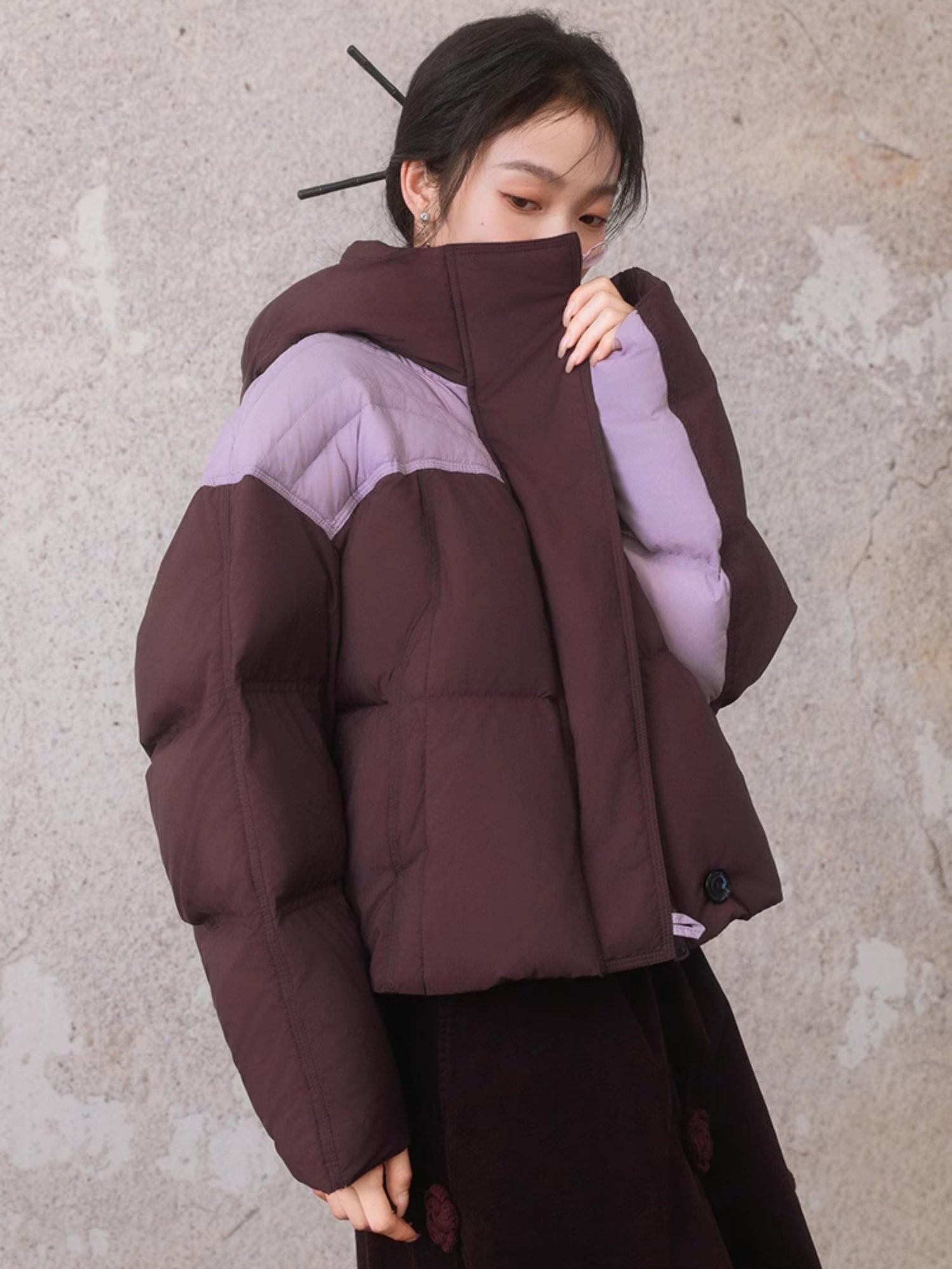 Color Blocking Hooded Loose Down Jacket F