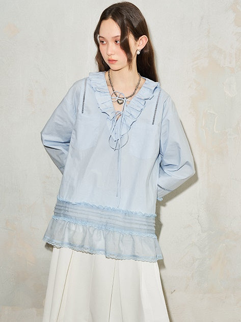 Girly Ruffled V-neck Lace Patchwork Shirt