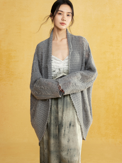 Mohair Curved Hem Loose Knitted Cardigan