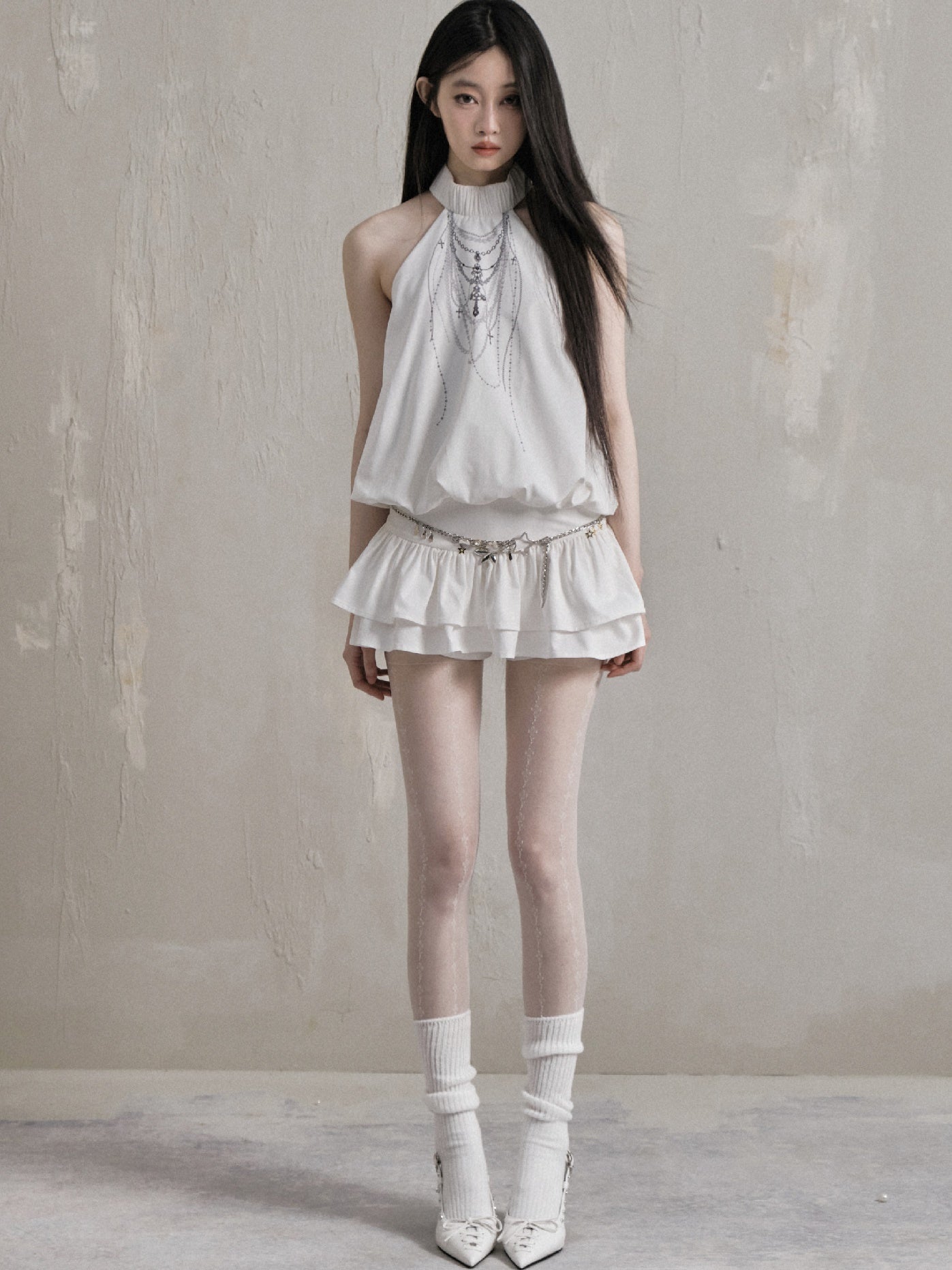 American Sleeve Pearl Chain Print Short One-piece ＆ Inner Pants