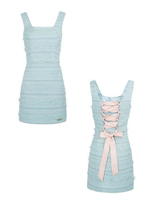 Macaron Color Tweed Back Strap Slim Sleeveless Dress