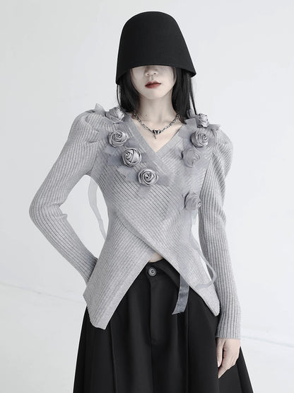 Cross V-neck Rose Splicing Sweater