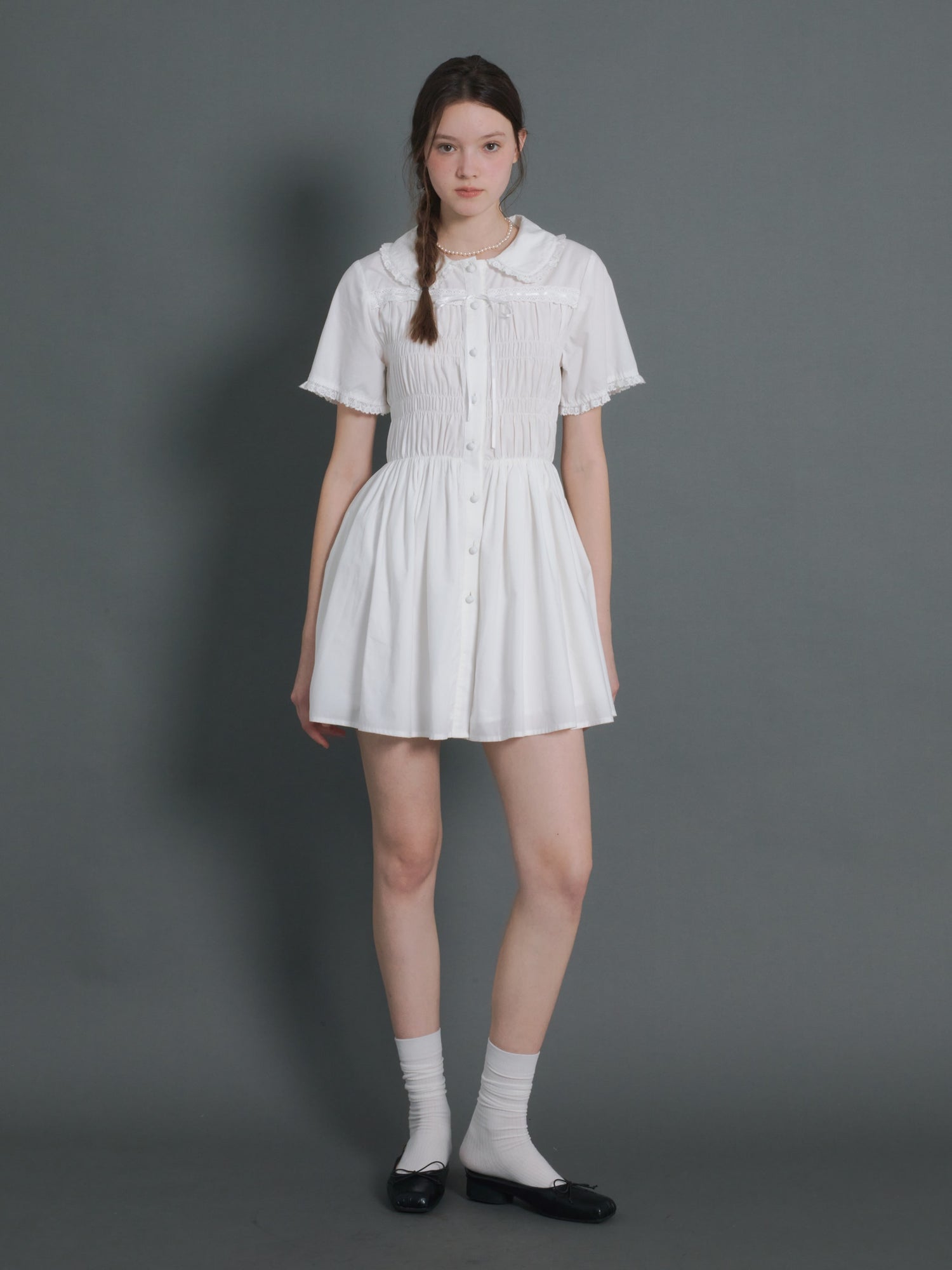 Doll Neck Gather Short Sleeve One-piece