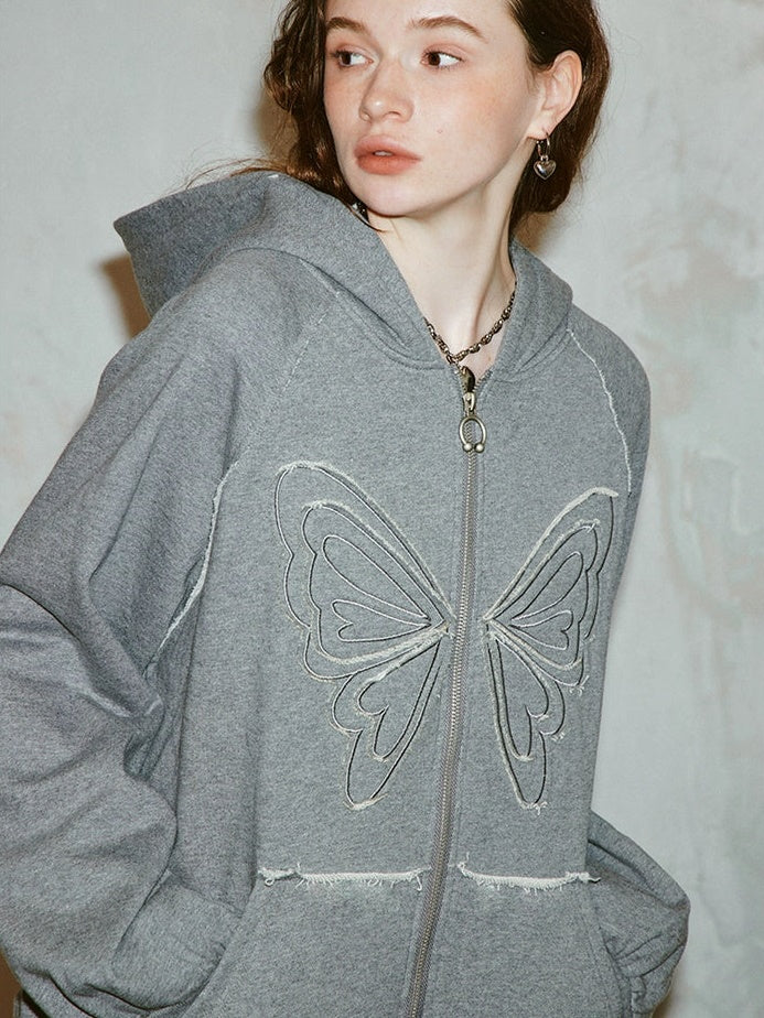 Butterfly Embroidery Loose ZIP-Up Hooded Sweat