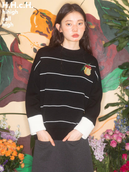 Apple Embroidery Border Round Neck Sweater