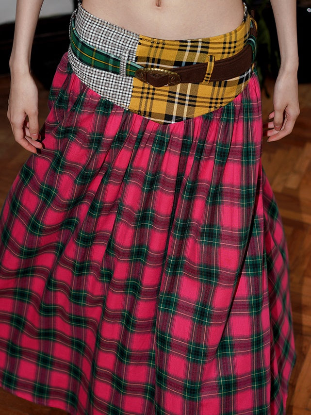 Retro Plaid Stitching Long Skirt With Belt