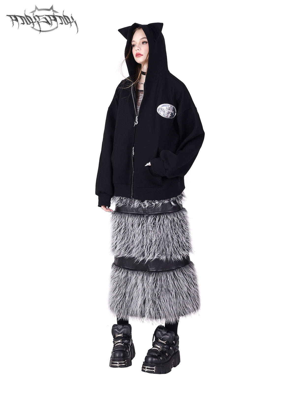 Front And Back 2Way Spliced Fur Double Zipper Leather Skirt