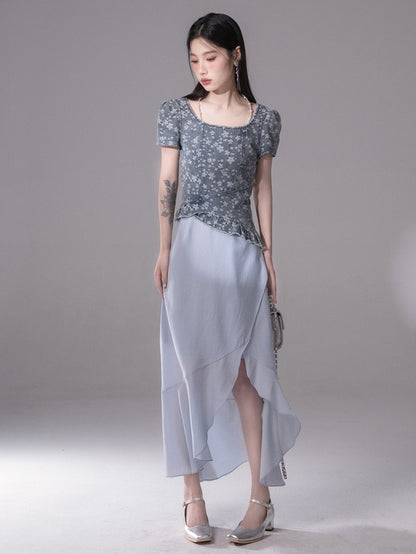 Midsummer Denim Jacquard Short-sleeved Top