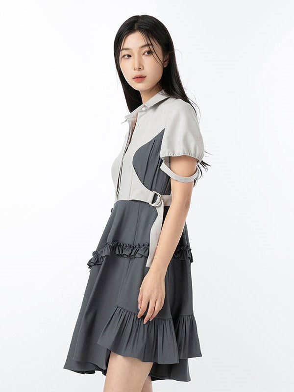 Side Waist Stitching Shirt Collar One-piece