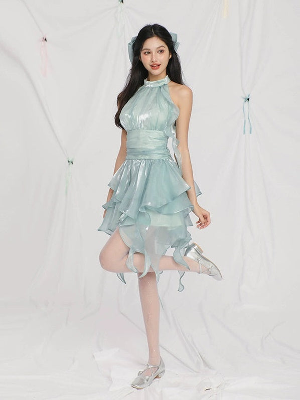 Irregular Streamer Gauze Sleeveless Puffy Dress