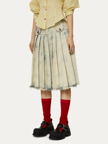 Washed Faded Heavy Duty Denim Pleated Skirt