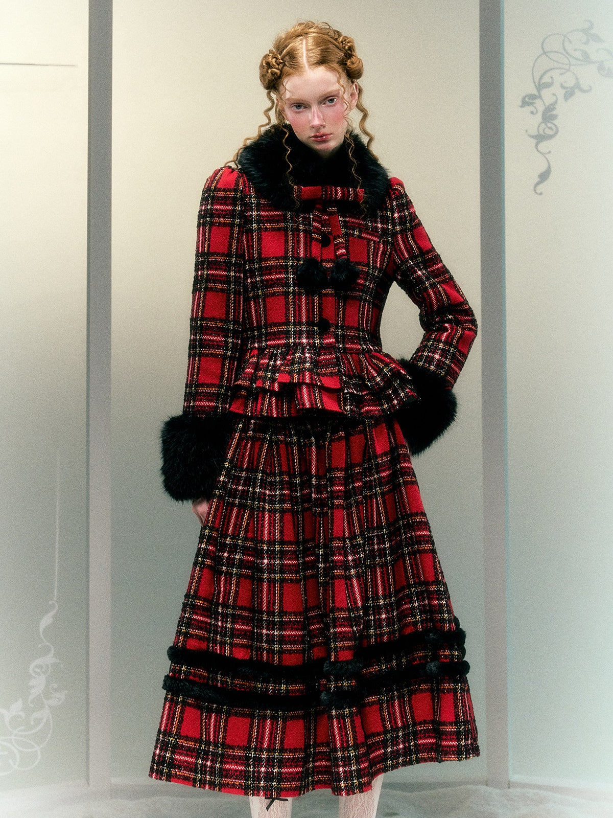 Plaid Detachable Fur Collar Fur Ball Short Coat &amp; Mid-Length Skirt