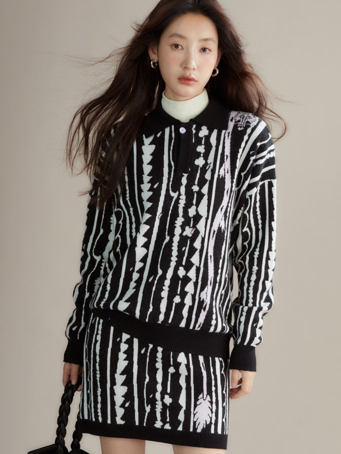 Dragon Pattern Jacquard Polo Sweater &amp; Knitted Skirt