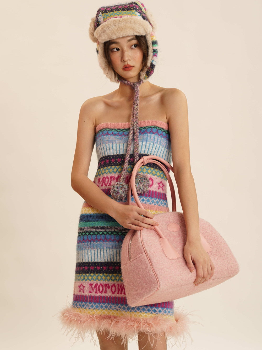 Embroidery Border Colorful Fur Bare-Top One-Piece