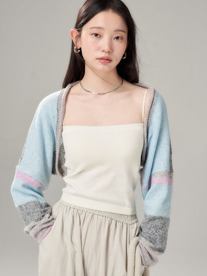 Border Curling Knitted Short Shawl Cardigan ＆ Sleeveless One-piece