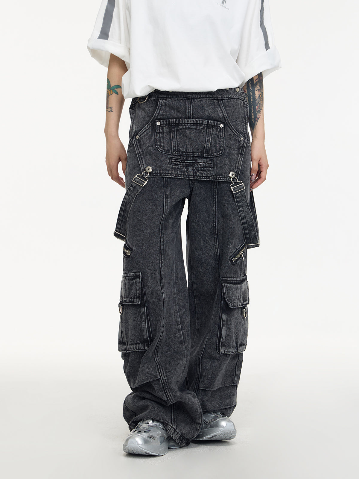 Retro Suspender Design Stitching Denim Pants