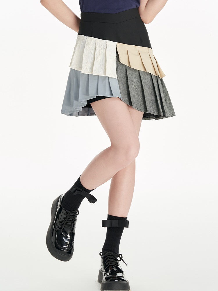 Irregular Contrast Color Pleated Skirt