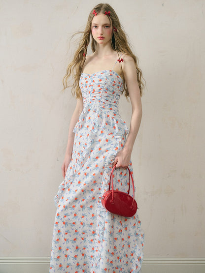 Floral Suspender Tuck Pleated Long Dress