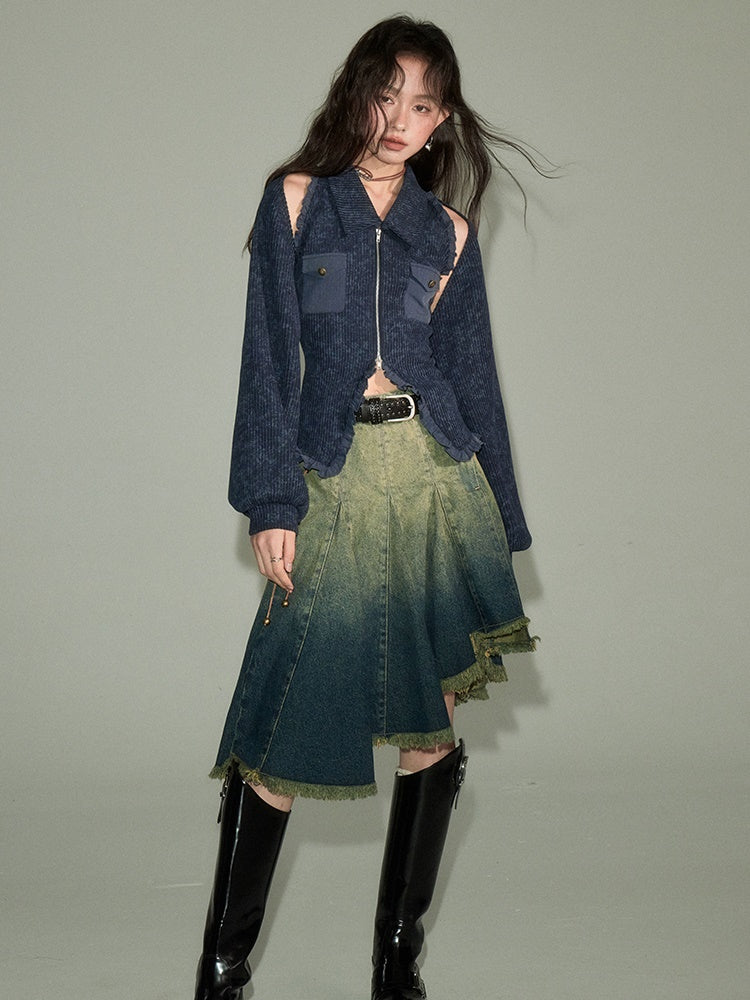 Gradient Bandage Irregular Hem Denim Skirt