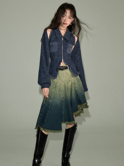 Gradient Bandage Irregular Hem Denim Skirt