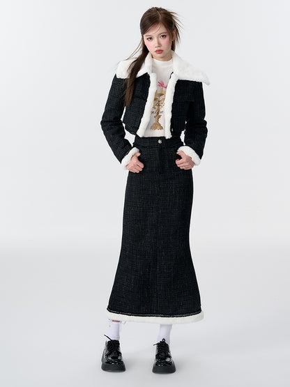 Contrast Color Fur Collar Tweed Padded Jacket &amp; Skirt