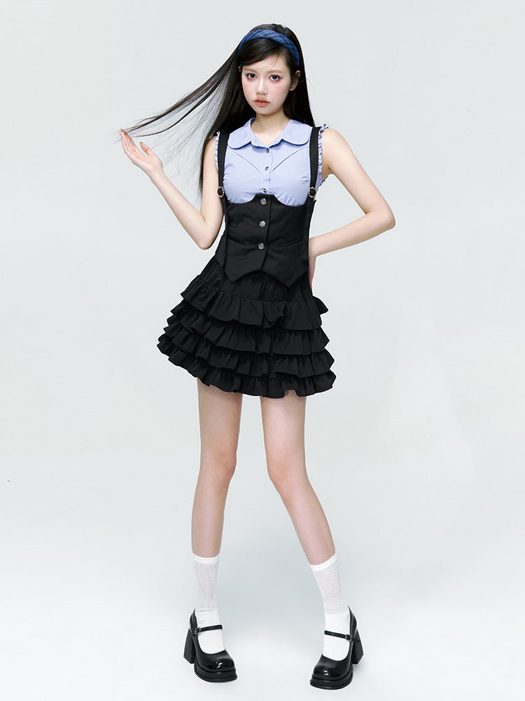 Frill Tiered Cropped Short Blouse＆Vest＆Skirt