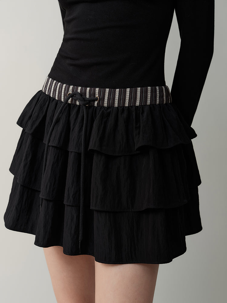 Striped Collar Waist Switching Cake Dress