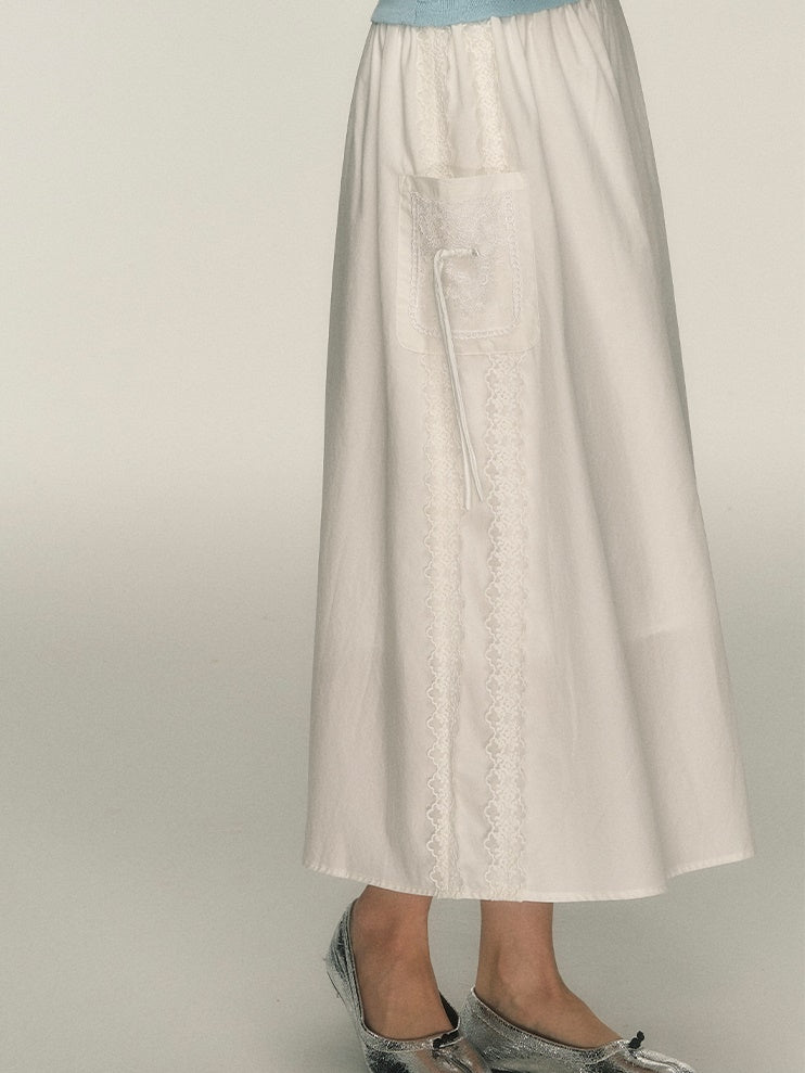 Side Lace Stitch Long Gather Skirt