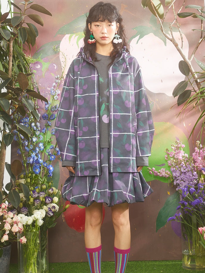 Gradient Cherry Plaid Printed Hooded Windbreaker Jacket &amp; Flower Bud Skirt