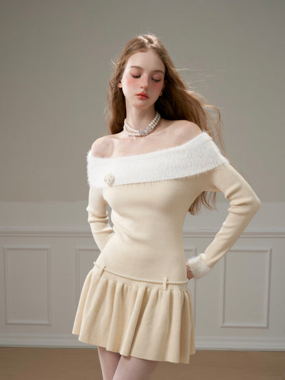 Color-blocked One-shoulder Knitted Dress