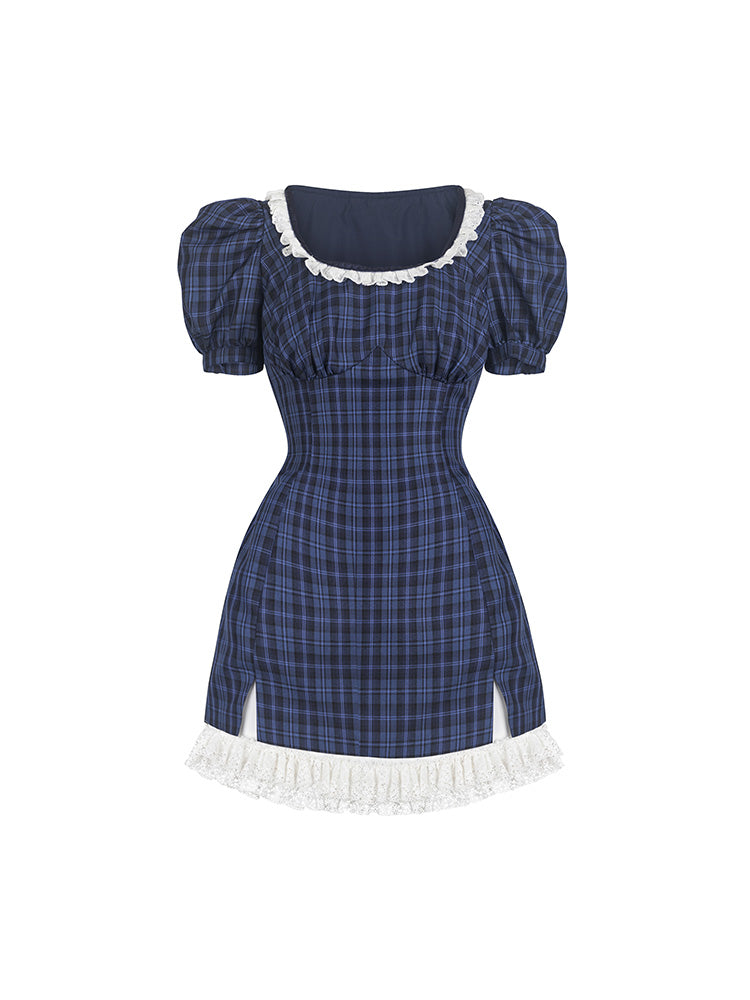 Puff-Sleeves Lace Girly Checked ONE-PIECE