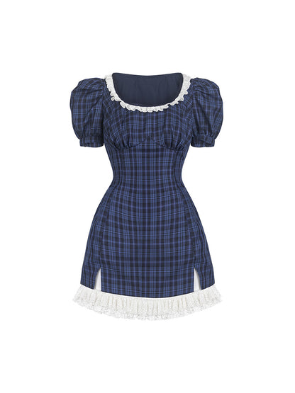 Puff-sleeves Lace Girly Checked One-piece