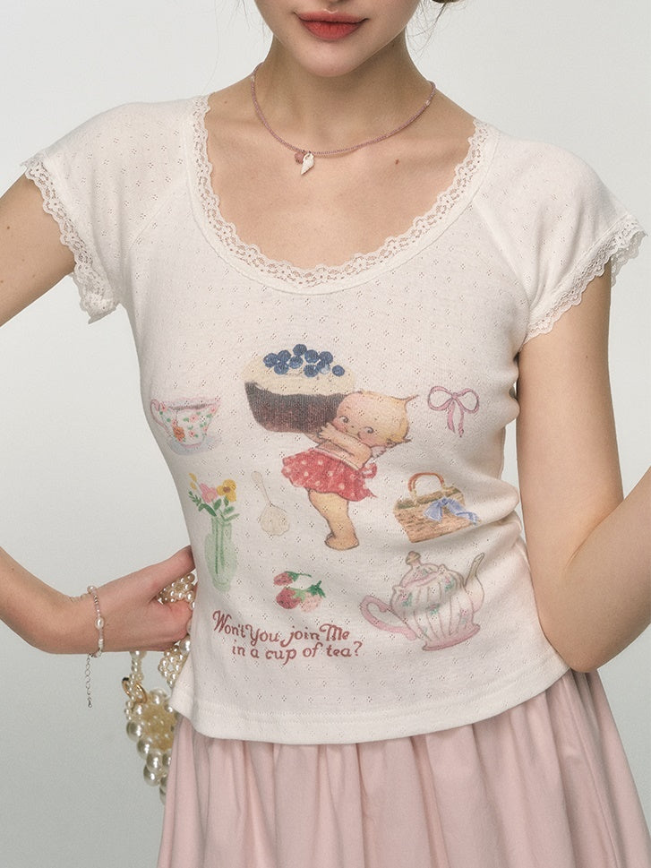 Afternoon Tea Print Sweet Slim Fit T-shirt