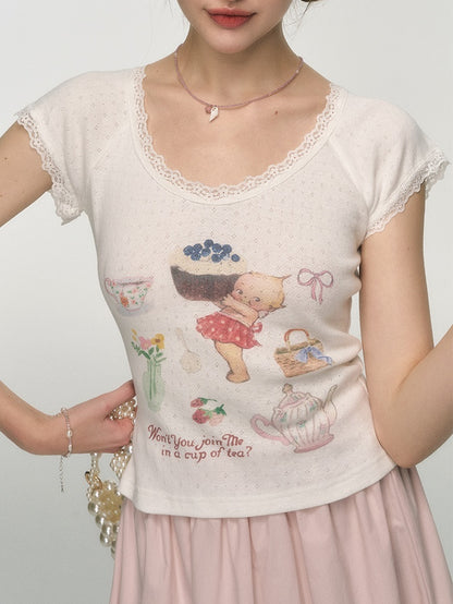 Afternoon Tea Print Sweet Slim Fit T-shirt