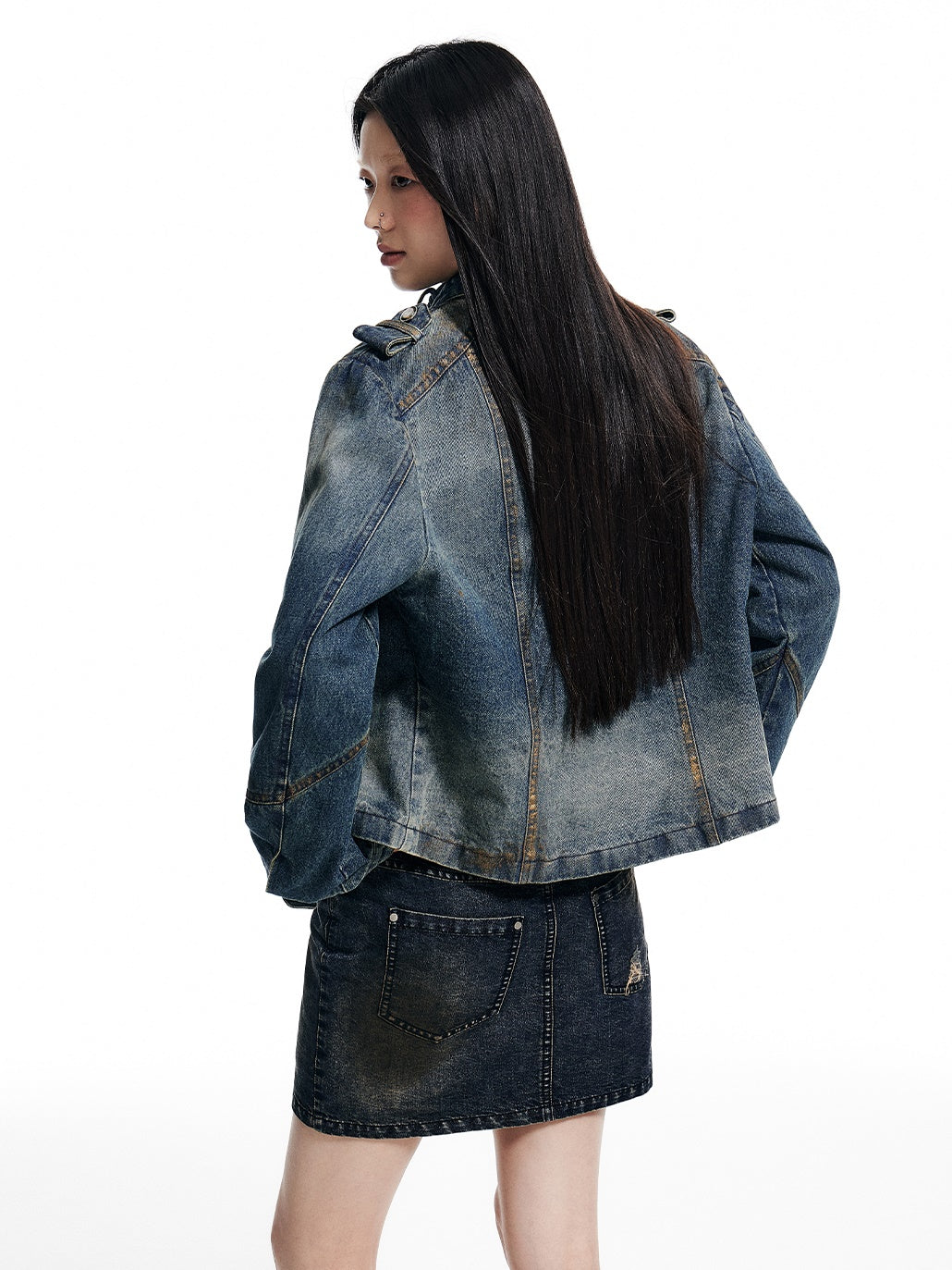 Gold-brushed Slim-fitting Stand-Collar Denim Short Jacket