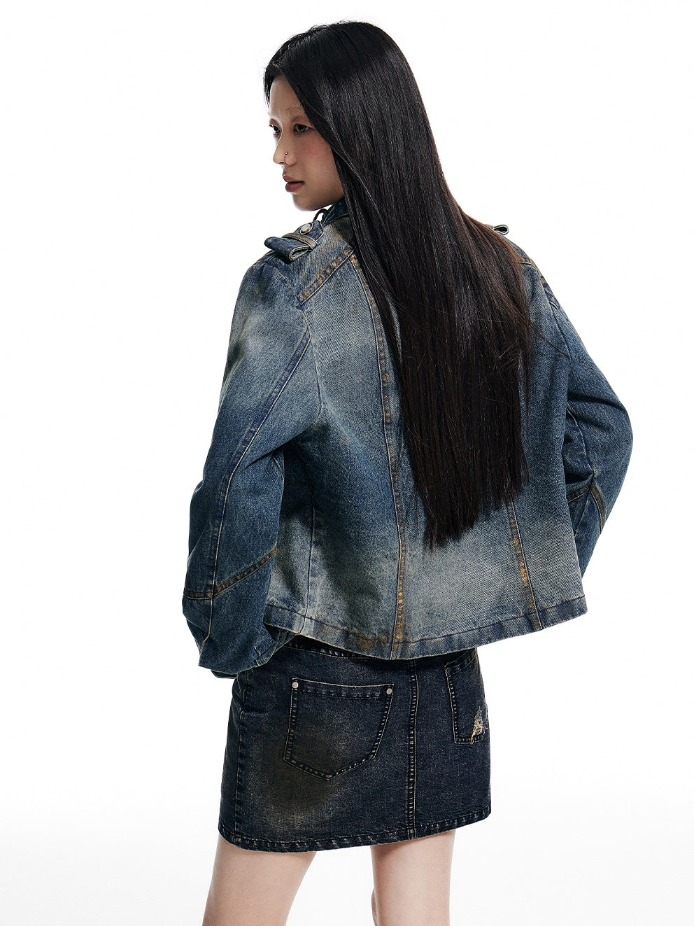 Stand-Collar Denim Short Jacket