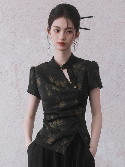 Chinese Style Bamboo Print Short Sleeve Shirt &amp; A-Line Skirt