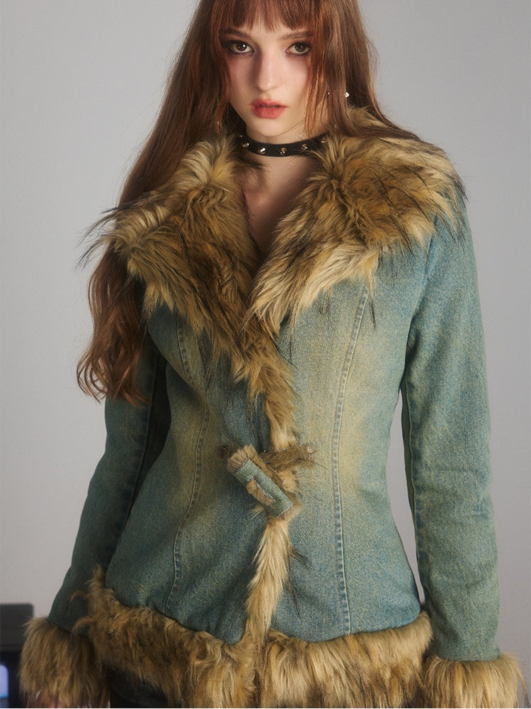 Big Fur Collar Waist Slimming Denim Jacket