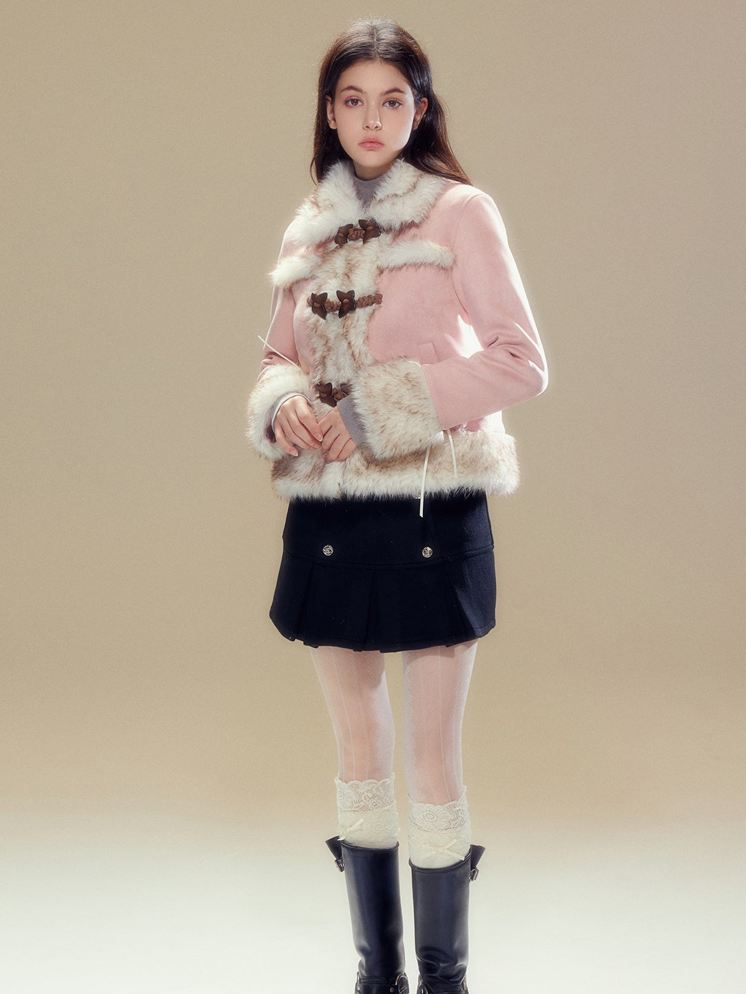 Suede Touch Butterfly Buckle Fur Plush Jacket &amp; Pleated Skirt