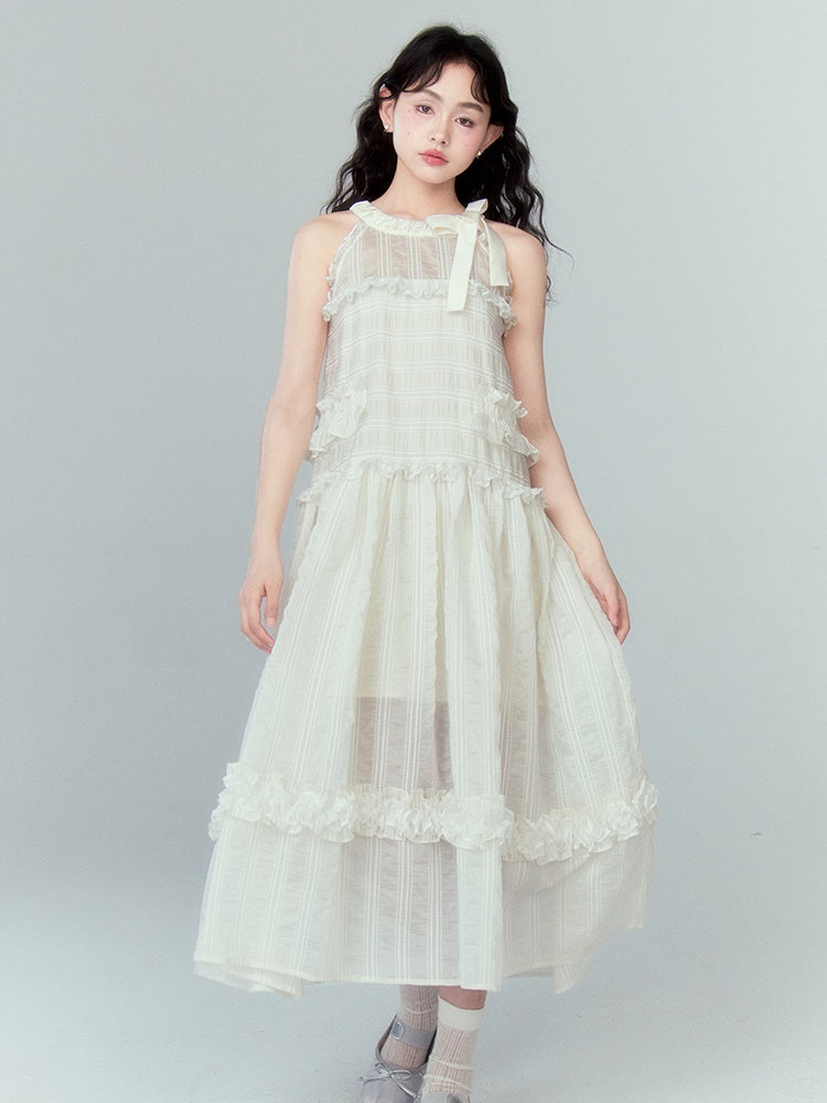 Ruffled A-line Ribbon Hanging Neck Cake One-piece