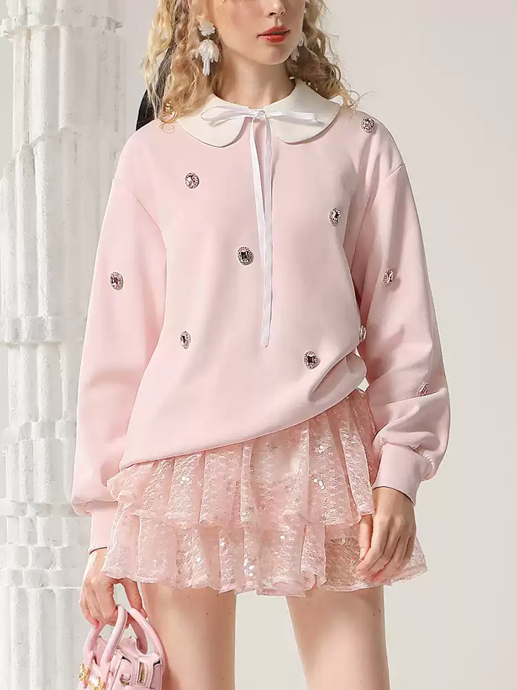 Bijou Round-Collar Ribbon Cute Sweat Pullover